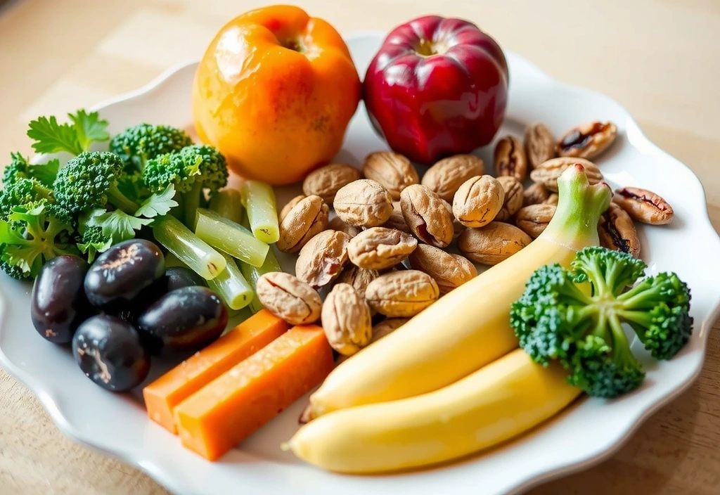 Piatto colorato di frutta fresca, verdura e noci, rappresentante una dieta equilibrata e nutrizione