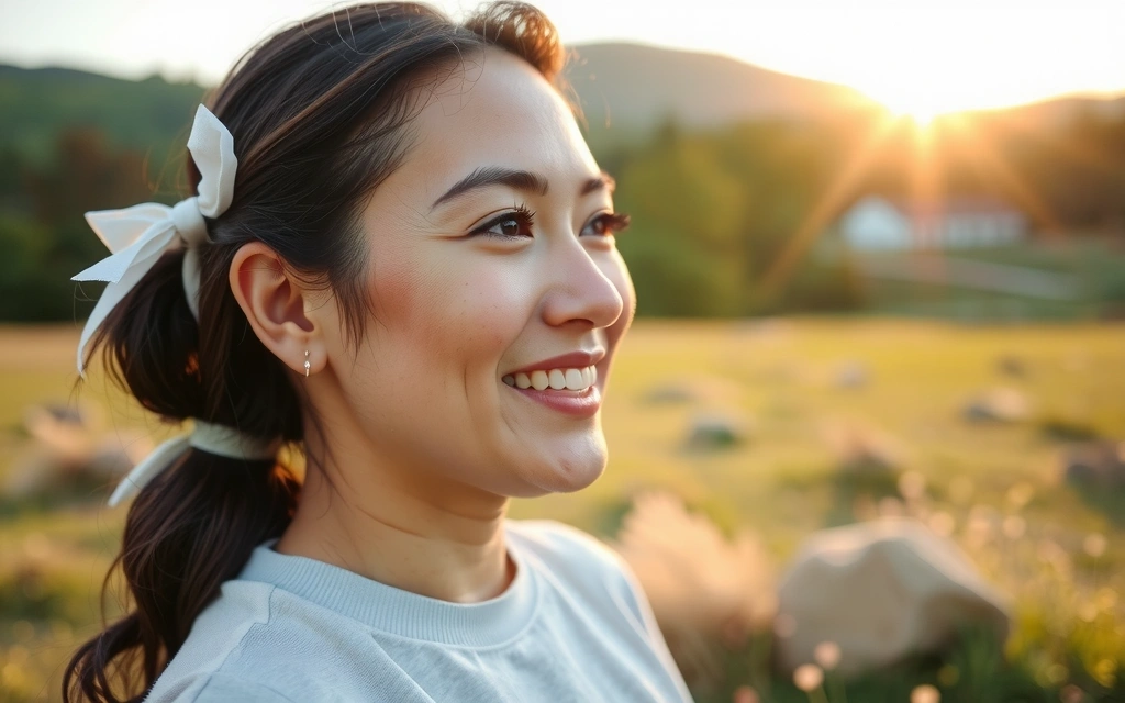 Donna sorridente che si gode la natura, simbolo di benessere e vitalità