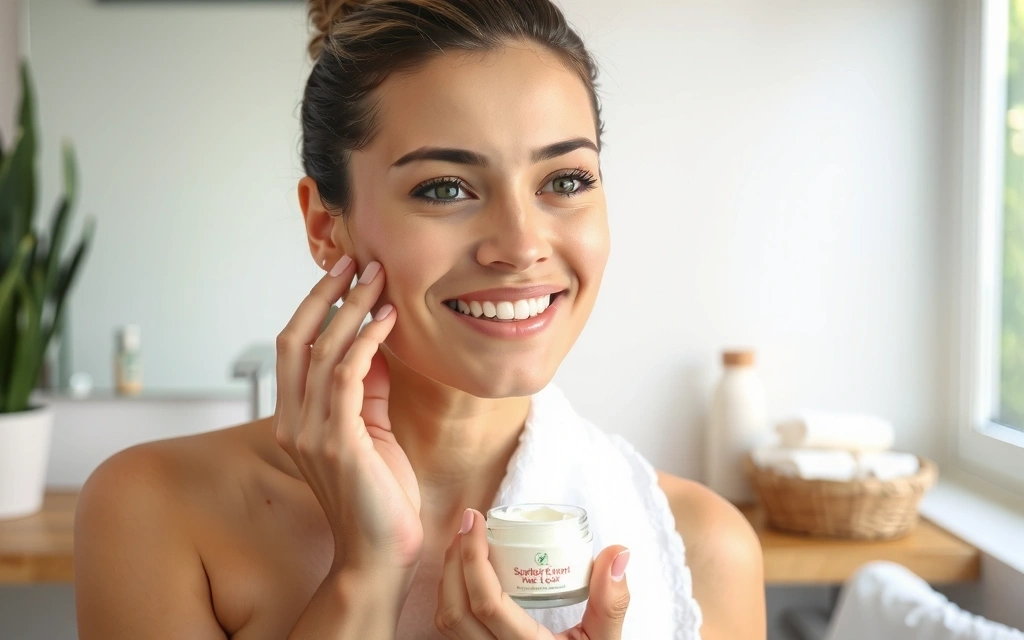 Donna sorridente che applica crema sul viso in un ambiente naturale e luminoso