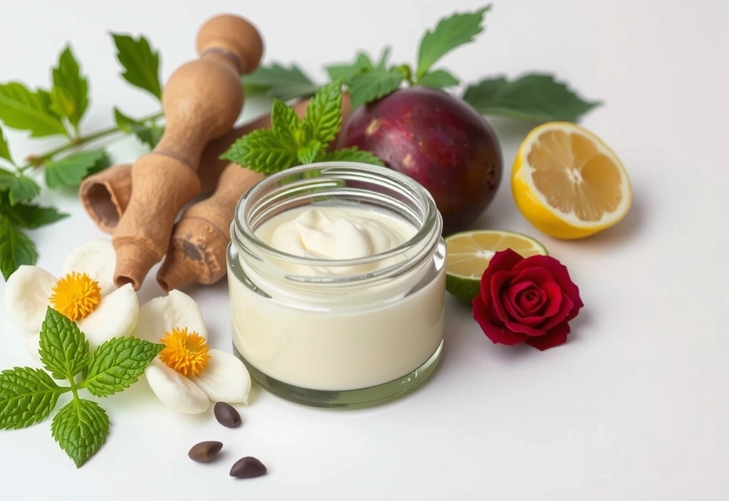 Crema viso femminile in un vasetto di vetro con ingredienti botanici freschi